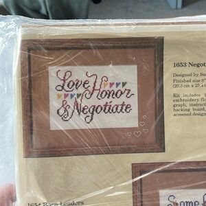 1988 cross-stitch kit: Creative Circle 1653 Love, Honor & Negotiate